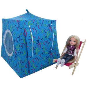 Toy Pop Up Tent, 2 Sleeping Bags, Turquoise, Swirl Print Fabric for Dolls, Stuffed Animals