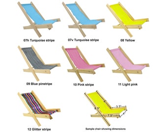 Toy Wooden Folding Beach, Deck, Doll, Lounge, Lawn Chair for Dolls, Stuffed Animals, Action Figures, Choice of Fabric