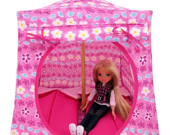 Toy Pop Up Tent, 2 Sleeping Bags, Pink, Flower Print Fabric for Dolls, Stuffed Animals
