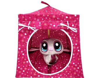 Toy Pop Up Tent, Sleeping Bags, Light Maroon, Gold & White Star Print Fabric for Stuffed Animals, Dolls