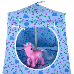 Toy Pop Up Tent, 2 Sleeping Bags, Light Blue, Heart & Tulip Print Fabric for Dolls, Stuffed Animals
