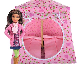 Toy Pop Up Tent, 2 Sleeping Bags, Light Pink, Heart & Flower Print Fabric for Dolls, Stuffed Animals