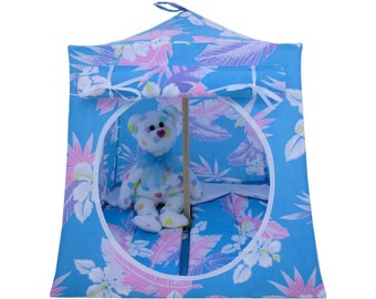 Toy Pop Up Tent, Sleeping Bags, Aqua, Flower Print Fabric for Stuffed Animals, Dolls