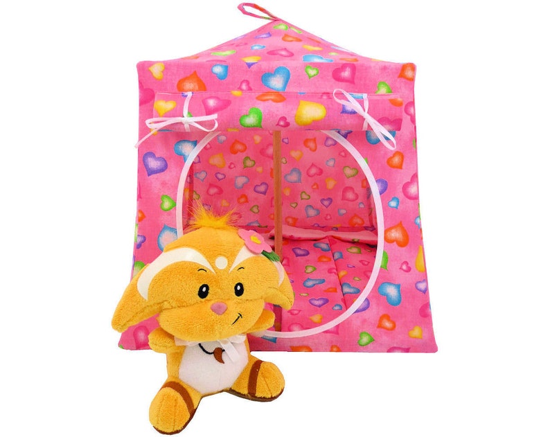 Toy Pop Up Tent, Sleeping Bags, Pink, Heart Print Fabric for Stuffed Animals, Dolls image 1