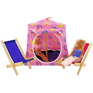 Toy Pop Up Tent, 2 Sleeping Bags,  Pink, Sparkling Barbie Print Fabric for Dolls, Stuffed Animals