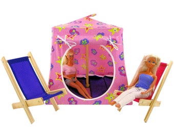 Toy Pop Up Tent, Sleeping Bags,  Pink, Sparkling Barbie Print Fabric for Dolls, Stuffed Animals