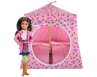 Toy Pop Up Tent, Sleeping Bags, Light Pink, Heart & Flower Print Fabric for Dolls, Stuffed Animals