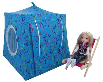 Toy Pop Up Tent, Sleeping Bags, Turquoise, Swirl Print Fabric for Dolls, Stuffed Animals