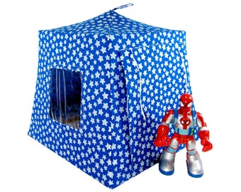 Toy Pop Up Tent, Sleeping Bags, Royal Blue, Silver Star Print Fabric for Dolls, Action Figures or Stuffed Animals