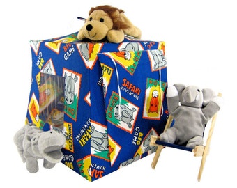 Toy Pop Up Tent, Sleeping Bags, Blue, Safari Jungle Animal Print Fabric for Dolls, Action Figures or Stuffed Animals