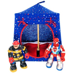 Toy Pop Up Tent, 2 Sleeping Bags, Royal Blue, Star Print Fabric for Action Figures, Dolls or Stuffed Animals