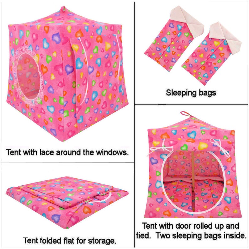 Toy Pop Up Tent, Sleeping Bags, Pink, Heart Print Fabric for Stuffed Animals, Dolls image 7