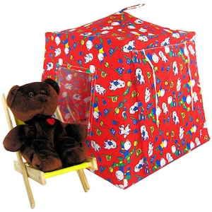 Toy Pop Up Tent, 2 Sleeping Bags, Red, Bear and Sports Print Fabric for Stuffed Animals, Dolls, Action Figures
