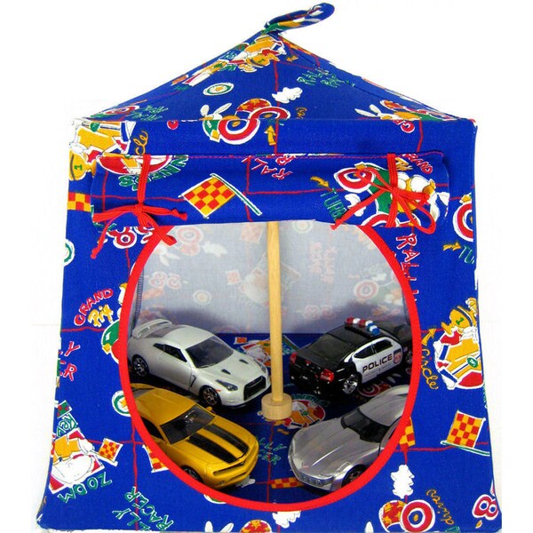 Toy Pop Up Tent, Sleeping Bags, Blue, Race Car Print Fabric for Action Figures, Stuffed Animals and Dolls, Kids Toy