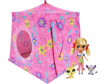 Toy Pop Up Tent, Sleeping Bags, Pink, Butterfly & Flower Print Fabric for Dolls, Stuffed Animals
