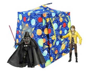 Toy Pop Up Tent, Sleeping Bags, Royal Blue, Solar System Sparkle Print Fabric for Dolls, Action Figures Or Stuffed Animals