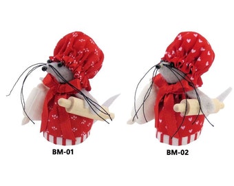 Baker Mouse Kerstornament met bloemzak en deegroller, keuze uit stoffen, handgemaakt