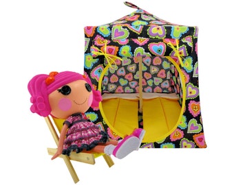 Toy Pop Up Tent, Sleeping Bags, Black, Heart Print Fabric for Dolls, Stuffed Animals