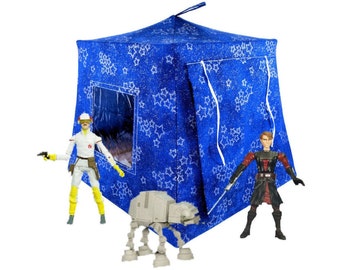 Toy Pop Up Tent, Sleeping Bags, Royal Blue, Sparkling Silver Star Print Fabric for Dolls, Action Figures or Stuffed Animals