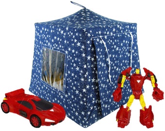 Toy Pop Up Tent, Sleeping Bags, Navy Blue, Silver Sparkling Star Print Fabric for Action Figures, Stuffed Animals Or Dolls