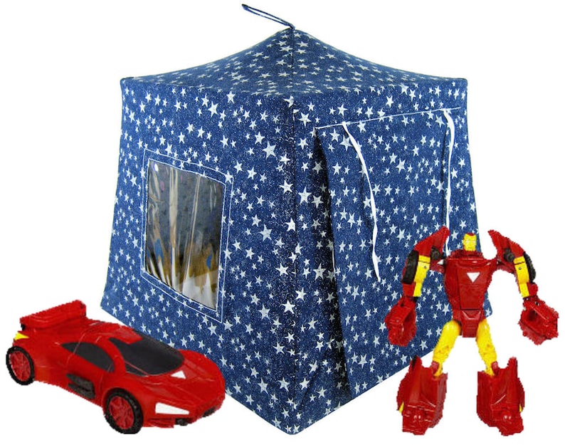 Toy Pop Up Tent navy blue silver sparkling star print fabric for action figures Sleeping Bags stuffed animals or dolls