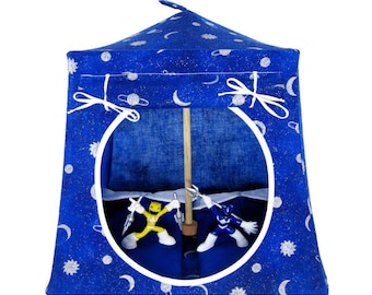 Toy Pop Up Tent, Sleeping Bags, Royal Blue, Sparkling Silver Solar Print Fabric for Dolls, Action Figures or Stuffed Animals