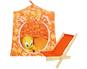 Pop-up speelgoedtent, slaapzakken, oranje, stof met madeliefjesprint voor knuffeldieren, poppen