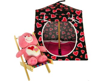 Toy Pop Up Tent, Sleeping Bags, Black, Sparkling Heart Print Fabric for Stuffed Animals, Dolls