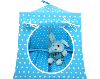 Toy Pop Up Tent, Sleeping Bags, Aqua, Polka Dot Print Fabric for Dolls, Stuffed Animals