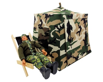 Toy Pop Up Tent, Sleeping Bags, Green, Black, Beige Camouflage Print Fabric for Dolls, Action Figures or Stuffed Animals