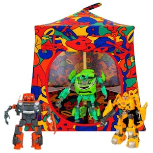 Toy Pop Up Tent, 2 Sleeping Bags, Multicolor, Sports Print Fabric for Dolls, Action Figures or Stuffed Animals