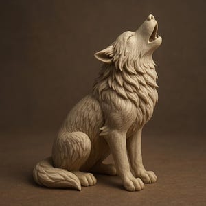 Op de afbeelding: Een lichtbeige, uitgesneden beeldje van een wolf in zittende houding met de kop omhoog gericht en de bek open in een huilend gebaar. Het beeldhouwwerk is voorzien van gedetailleerde, getextureerde vachtpatronen over het hele lichaam en de staart.