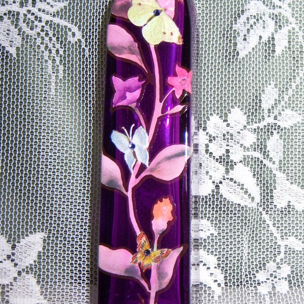 Purple glass bud vase - floral vine with  glittery butterflies and purple swarovski crystals