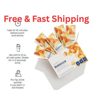 May include: A box of Unicity Balance dietary supplement packets with orange and white circular patterns. The box displays the text Unicity Balance, 3g, 0g, and 60. Instructions include mixing with 8-10 oz. of cold water and taking before meals.
