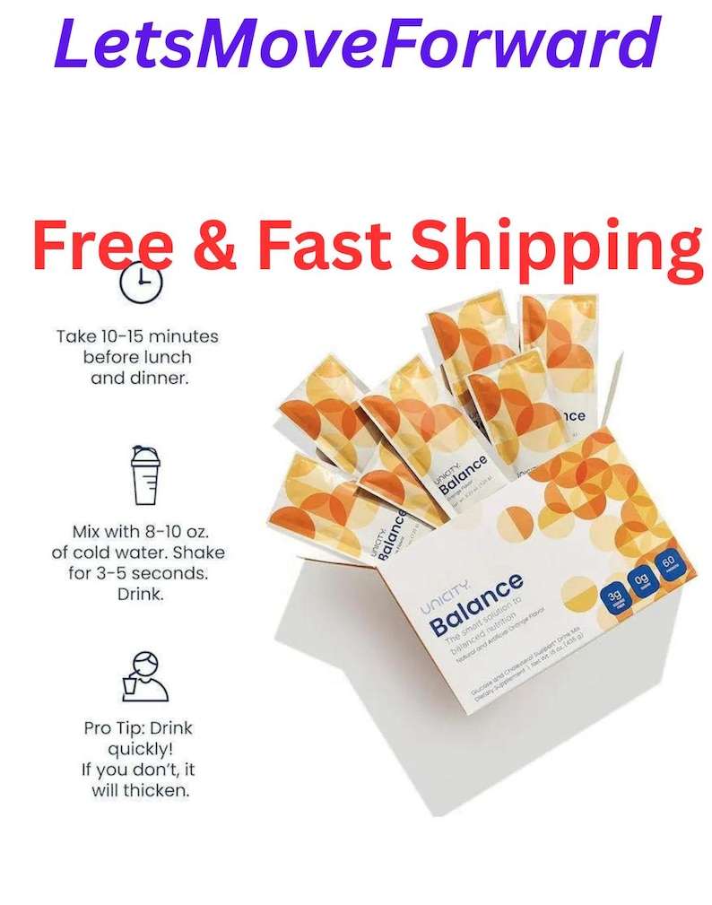 May include: A box of Unicity Balance dietary supplement packets with orange and white circular patterns. The box displays the text Unicity Balance, 3g, 0g, and 60. Instructions include mixing with 8-10 oz. of cold water and taking before meals.