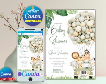 Jungle Baby Shower Invitation, Safari Animals Invite, Gender Neutral Editable Template, Jungle Safari Truck, Canva Birthday Invite