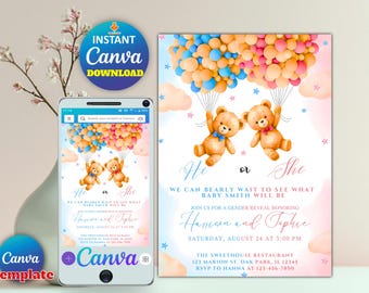 Gender Reveal He or She Teddy Bear Baby Shower Invitation | Pink Blue Bear Balloons | Editable Canva Boy or Girl Party Invite