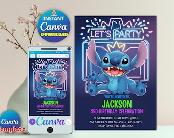 Editable Stitch Birthday Invitation, Digital Kids Party Invite, Printable Evite Template for Boys & Girls, Editable in Canva