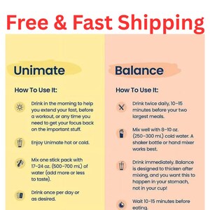 May include: An informational chart titled LetsMoveForward with instructions for Unimate and Balance products. The Unimate section lists usage steps for 17-24 oz. of water, while the Balance section details mixing with 8-10 oz. of water before meals.