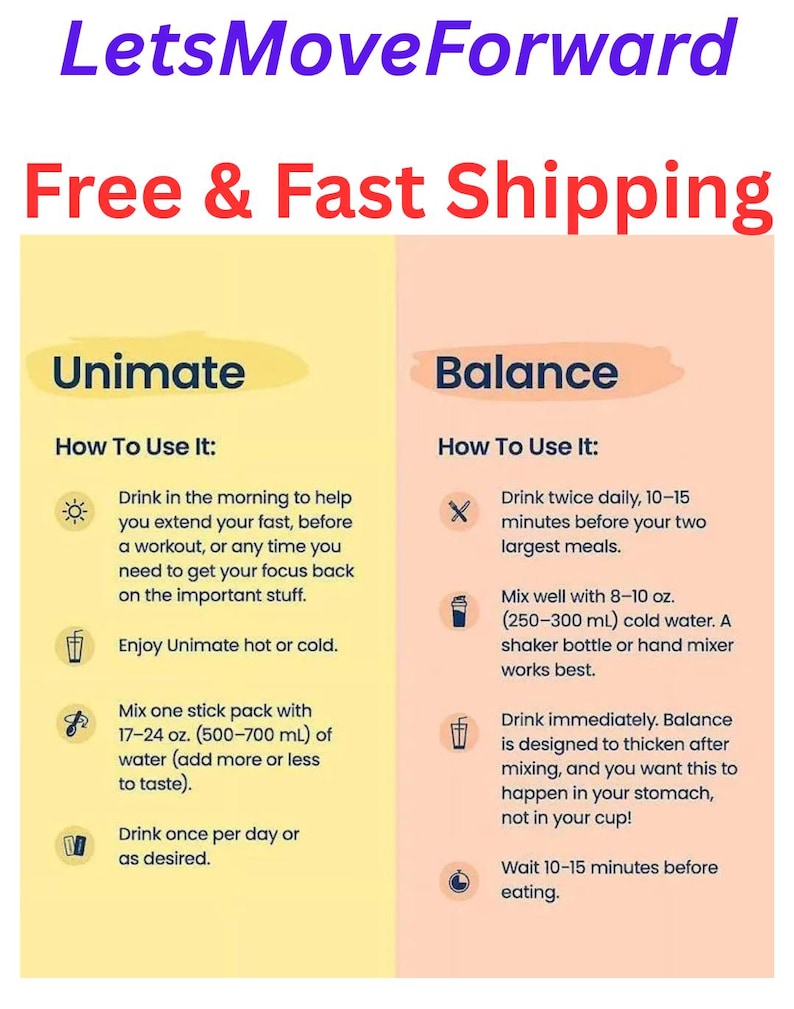 May include: An informational chart titled LetsMoveForward with instructions for Unimate and Balance products. The Unimate section lists usage steps for 17-24 oz. of water, while the Balance section details mixing with 8-10 oz. of water before meals.