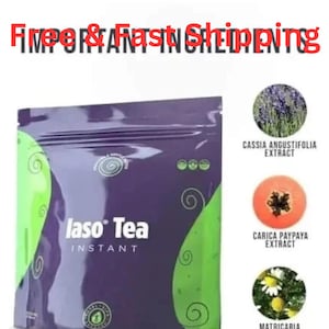 Pu&ograve; includere: Una busta viola e verde di Iaso Tea Instant. La parte anteriore presenta il testo Iaso Tea Instant e un logo circolare. A destra, tre immagini circolari mostrano estratto di Cassia Angustifolia, estratto di Carica Papaya ed estratto di Matricaria Chamomilla.