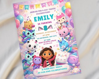 Gabby's Dollhouse Birthday Invitation | Editable Canva Template | Printable Kitty Theme Party Invite Girl | Instant Digital Download invite
