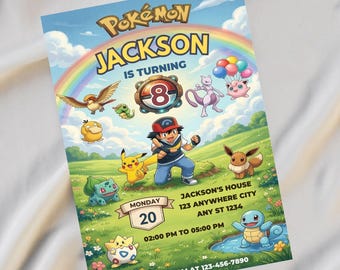 Editable Pokemon Invitation, Pokemon Birthday Invitation, Printable Birthday Party Invitations, Digital Download Canva Template