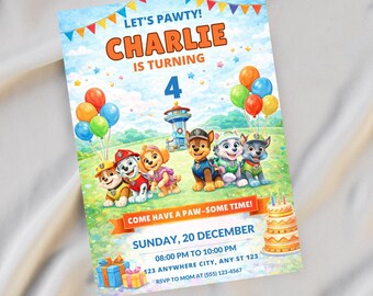 Editable Paw-ty Birthday Invitation Template, Kids Party Invitation, Puppy Patrol Pup Boys & Girls Bday, Canva Templat