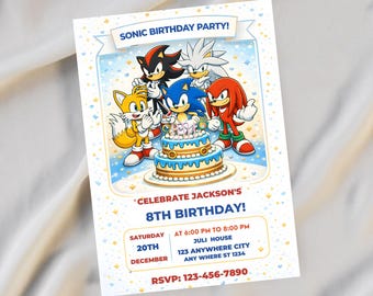 Sonic Birthday Invitation, Sonic Party Invite, Editable Canva Template, Digital Download
