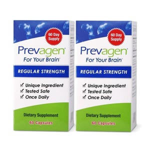 May include: Two boxes of Prevagen dietary supplement. Each box is white with blue and green accents, and features the text "Prevagen For Your Brain" and "Regular Strength." The boxes also state "60 Day Supply" and "60 Capsules."