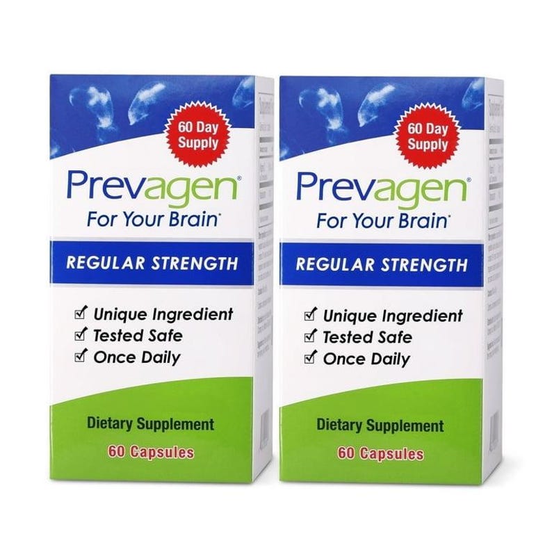May include: Two boxes of Prevagen dietary supplement. Each box is white with blue and green accents, and features the text "Prevagen For Your Brain" and "Regular Strength." The boxes also state "60 Day Supply" and "60 Capsules."