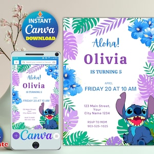 Editable Stitch Birthday Invitation Template - Printable Stitch Party Evite - Instant Download - Canva Editable Birthday Invite