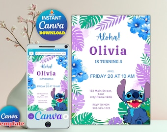 Editable Stitch Birthday Invitation Template - Printable Stitch Party Evite - Instant Download - Canva Editable Birthday Invite