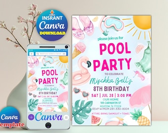 Pool Party Invitation Girl, Summer Birthday, Splish Splash Invite, Editable Canva Template, Girl Birthday Invitation
